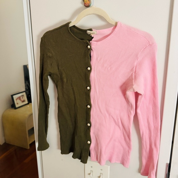 DONNI. Thermal Duo Cardigan in a Pink/Olive - Picture 6 of 8